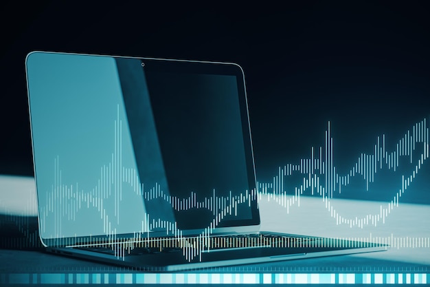 Una computadora portátil con gráficos digitales superpuestos sobre un fondo elegante y oscuro que representa el concepto de análisis de datos o tecnología financiera
