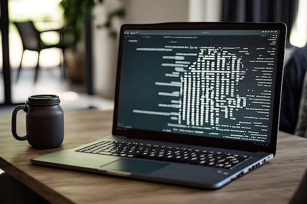 Foto computadora portátil hacker generada por ia con código de computadora binario internet y seguridad de red