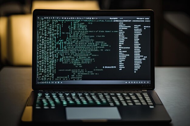 Foto computadora portátil hacker generada por ia con código de computadora binario internet y seguridad de red