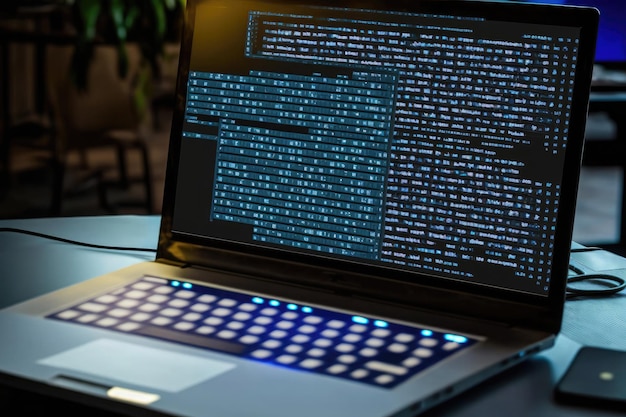 Foto computadora portátil hacker generada por ia con código de computadora binario internet y seguridad de red