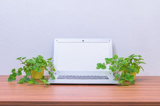 La computadora portátil del hombre de negocios está en el escritorio