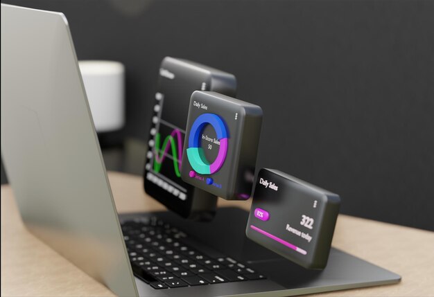 computadora portátil ilustración 3D análisis de datos web seo ai tablero de mandos programación métrica nombre de usuario