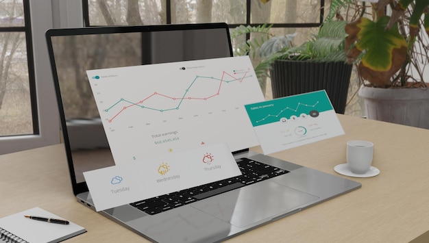 computadora portátil con ilustración en pantalla de la salida de la aplicación o el software como datos de análisis de gráficos comerciales