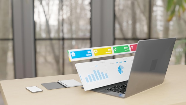 computadora portátil con ilustración en pantalla de la salida de la aplicación o el software como datos de análisis de gráficos comerciales
