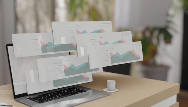 computadora portátil con ilustración en pantalla de la salida de la aplicación o el software como datos de análisis de gráficos comerciales