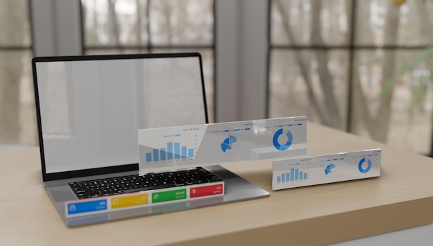 computadora portátil con ilustración en pantalla de la salida de la aplicación o el software como datos de análisis de gráficos comerciales