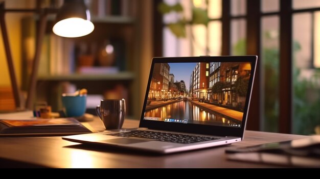 Foto una computadora portátil con una imagen de una ciudad en la pantalla