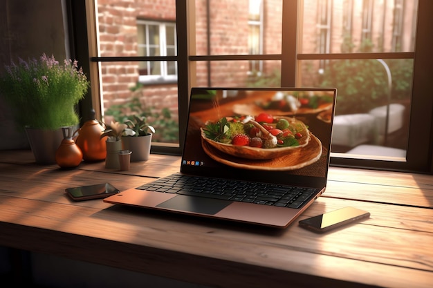 Una computadora portátil con una imagen de comida en la pantalla.