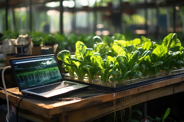 Una computadora portátil en un invernadero con lechuga y verduras Crecimiento automatizado electrónico