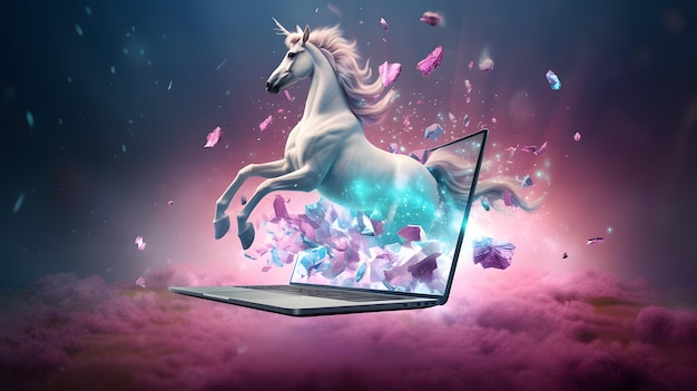 Computadora portátil para juegos 3d unicornio mágico pantalla de realidad virtual generada por ai
