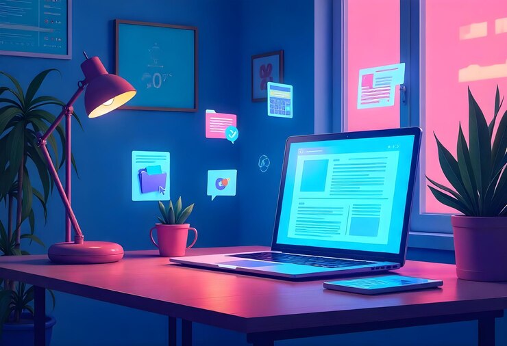 Foto una computadora portátil con una lámpara en la pantalla y una lámpara roja en la mesa