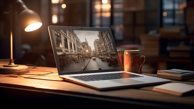 Foto una computadora portátil un libro y un bolígrafo colocados cuidadosamente en un escritorio