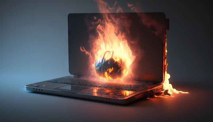 Foto computadora portátil en llamas con un candado en la pantalla ia generativa