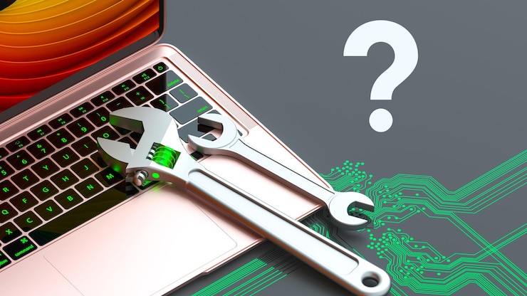 Foto una computadora portátil con una llave inglesa que dice lo que hay en una pregunta