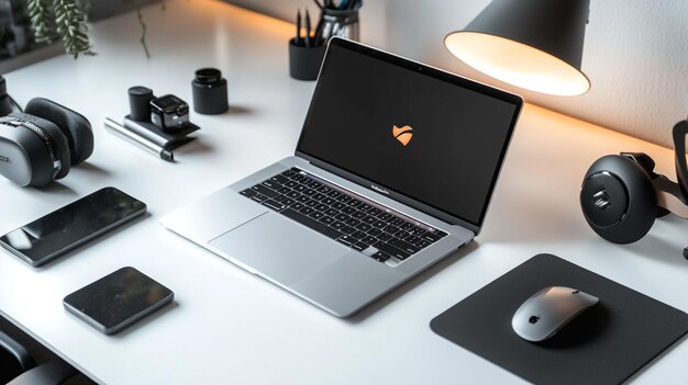 una computadora portátil con un logotipo negro en la pantalla y un ratón en la mesa