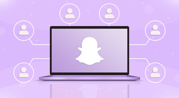 Computadora portátil con el logotipo de Snapchat en la pantalla e íconos de usuario en 3D