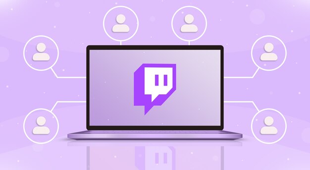 Computadora portátil con logotipo de twitch en la pantalla e íconos de usuario alrededor de 3d