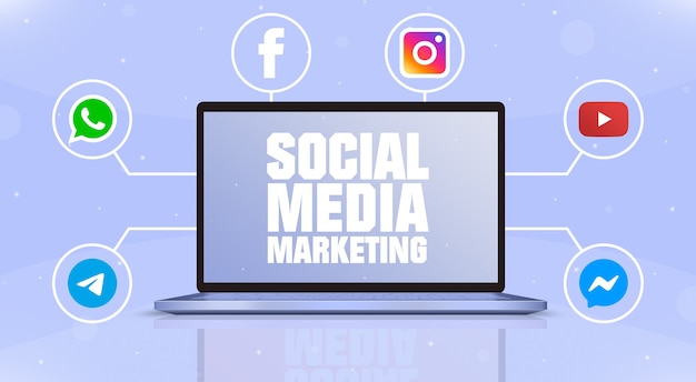 Computadora portátil con marketing en redes sociales en la pantalla e íconos de logotipos de redes sociales alrededor de 3d