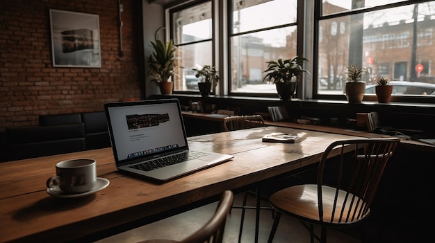 Una computadora portátil en una mesa en un café con una taza de café en la mesa