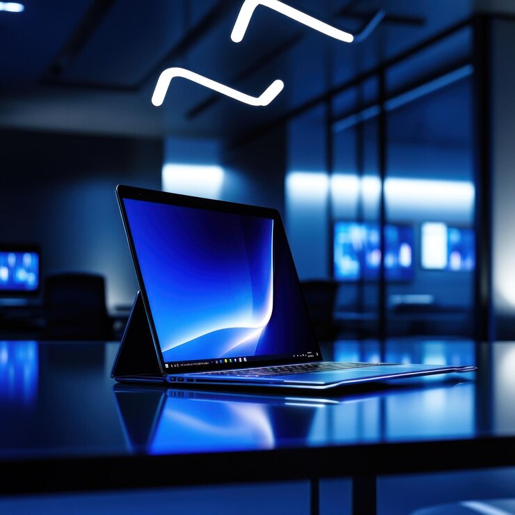 una computadora portátil en una mesa con una luz azul en la pantalla