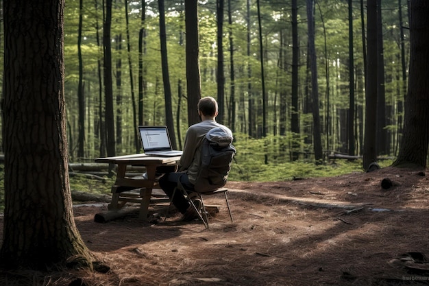 Computadora portátil en la mesa de madera en el bosque con fondo de naturaleza