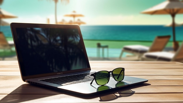 computadora portátil en la mesa de madera en la playa mar tropical resort de vacaciones trabajo en línea