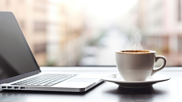 Computadora portátil en la mesa con una taza de café caliente IA generativa