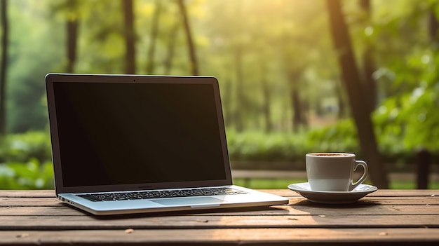 Una computadora portátil en una mesa con una taza de café