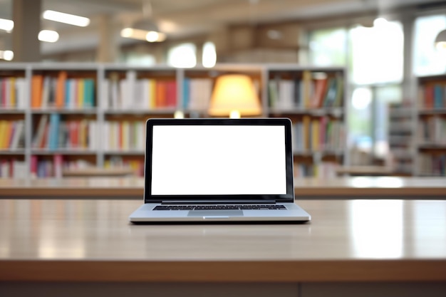 Computadora portátil moderna con pantalla en blanco en el fondo del espacio de trabajo de la biblioteca borrosa