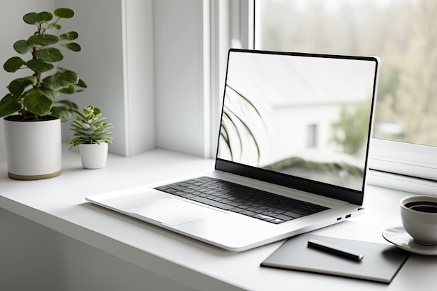 Computadora portátil moderna con pantalla en blanco en una mesa blanca en un interior soleado