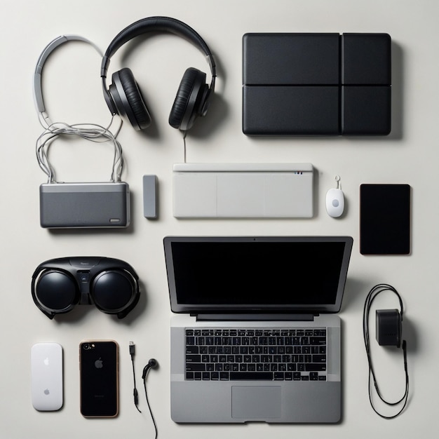 una computadora portátil con muchos auriculares y un teclado en ella