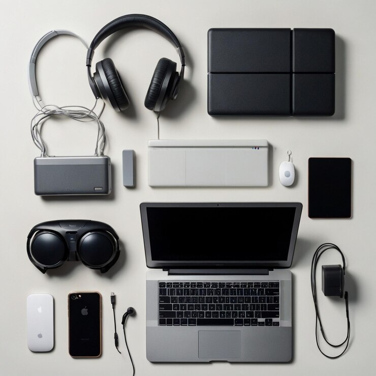 Foto una computadora portátil con muchos auriculares y un teclado en ella