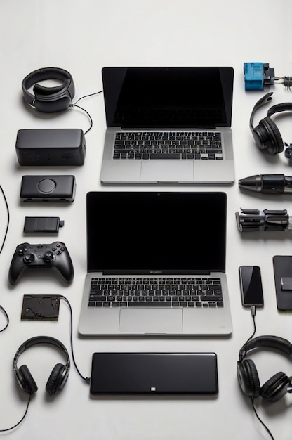 una computadora portátil con muchos auriculares y un teclado en ella