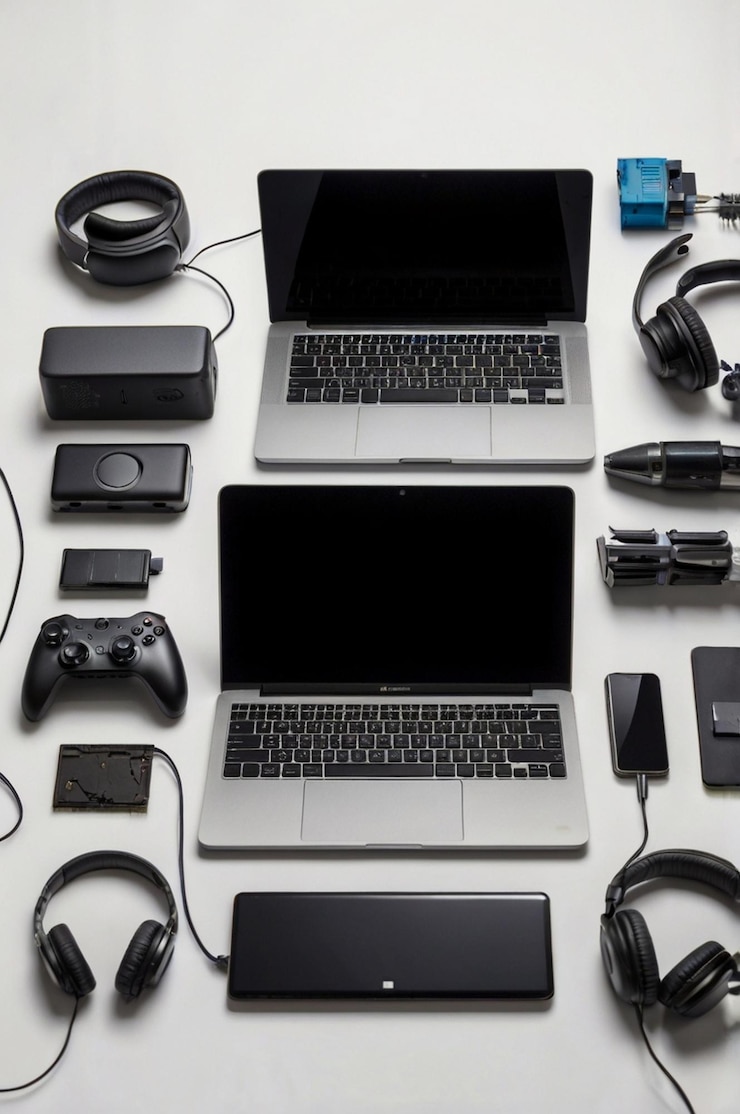 Foto una computadora portátil con muchos auriculares y un teclado en ella