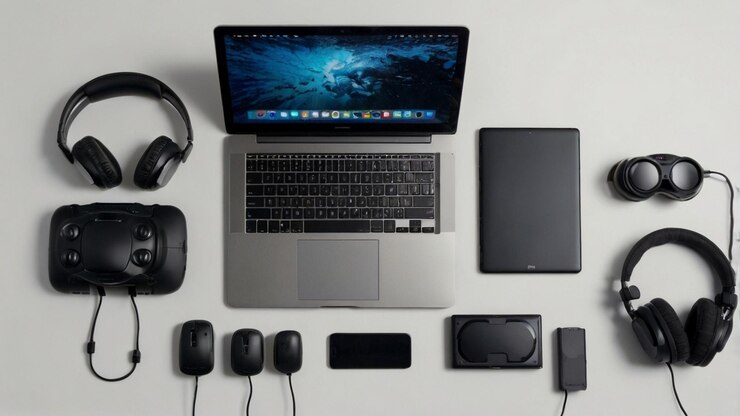 Foto una computadora portátil con muchos auriculares y un teclado en ella