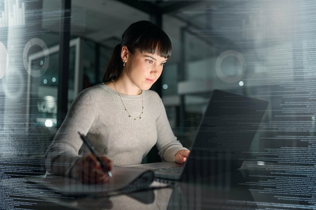 Computadora portátil de mujer de negocios y análisis de escritura por la noche para planificar documentos o investigación en línea en la oficina Empleada con computadora en estrategia de análisis o plan de proyecto en superposición digital oscura