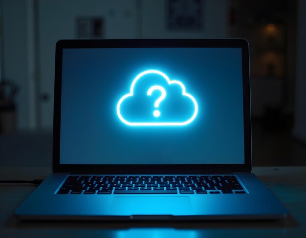 una computadora portátil con una nube en la pantalla y una llave negra