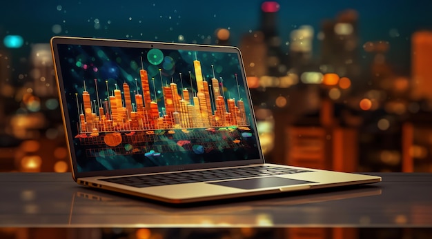 Una computadora portátil con un paisaje urbano en la pantalla.