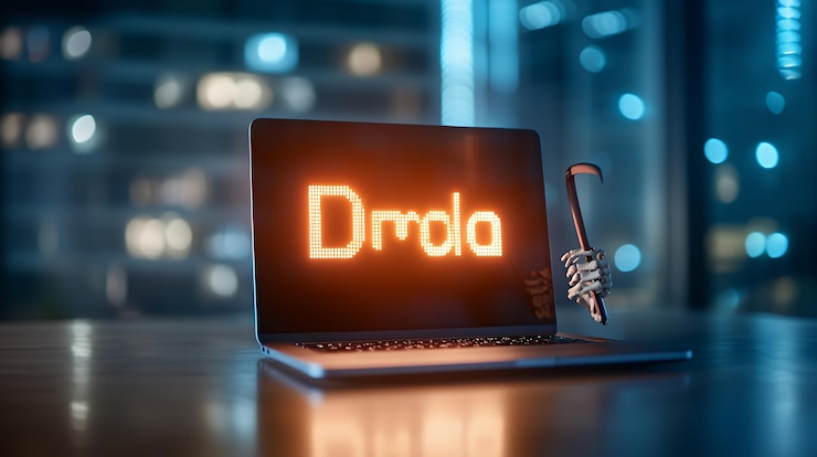 Foto una computadora portátil con una palabra brillante "ddos" en la pantalla con una palanca sostenida por una mano esquelética en el fondo