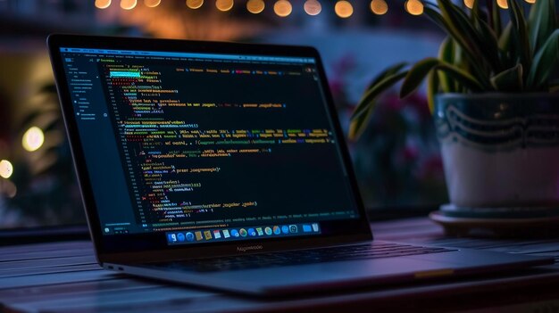 una computadora portátil con la palabra código en la pantalla está abierta y la palabra código está en la pantalla