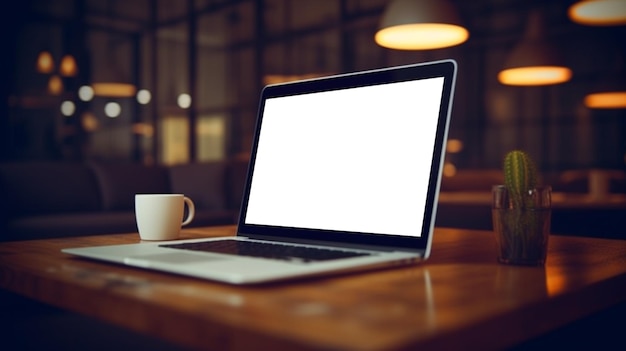 Una computadora portátil con una pantalla blanca está sobre una mesa en un café.