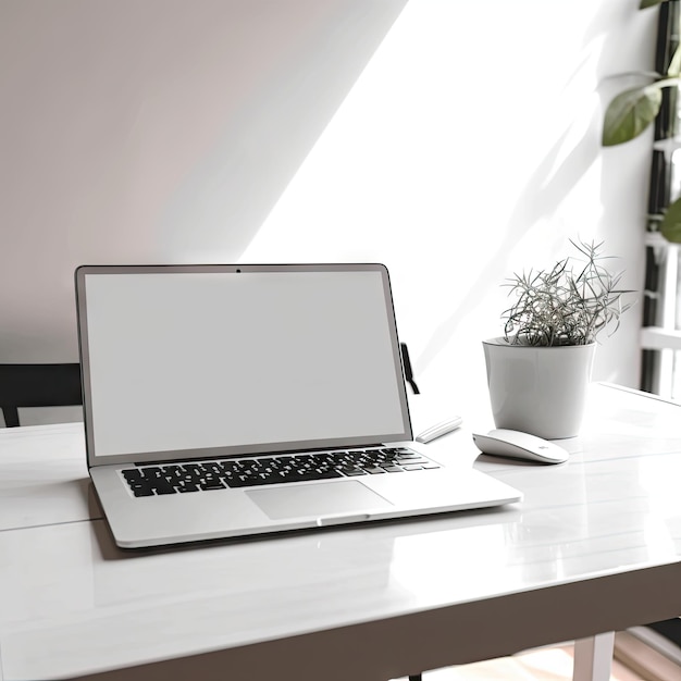 Una computadora portátil con una pantalla blanca está sobre una mesa con una planta.