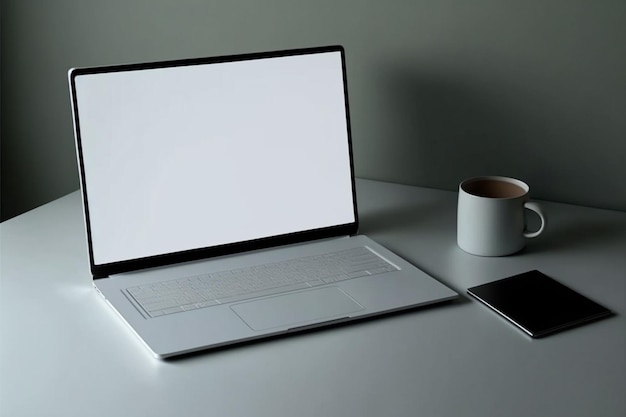 Foto una computadora portátil con una pantalla blanca está sentada en un escritorio.