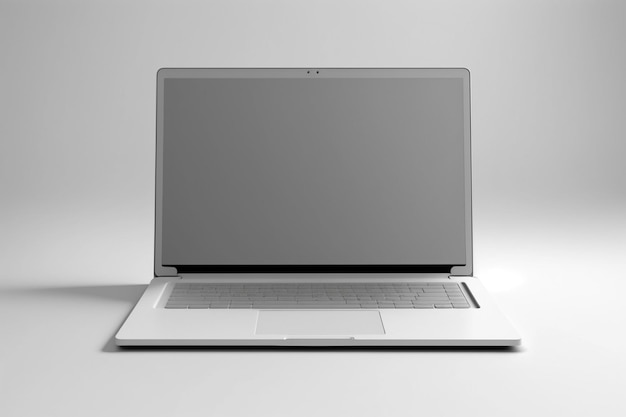 Una computadora portátil con una pantalla en blanco está sentada sobre una superficie blanca.