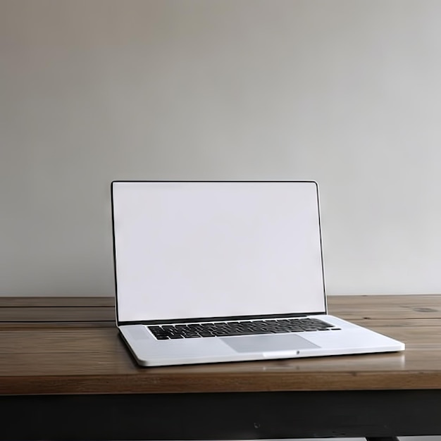 Una computadora portátil con una pantalla en blanco está sobre una mesa de madera.