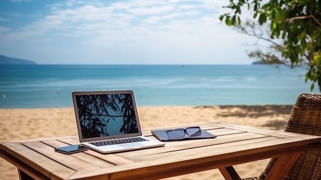 Computadora portátil con pantalla en blanco en la mesa de madera en la playa tropical backgroundgenerative ai