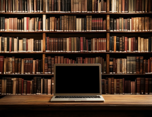 Una computadora portátil con pantalla en blanco se sienta en un escritorio de madera frente a estantes de libros antiguos llenos de libros viejos