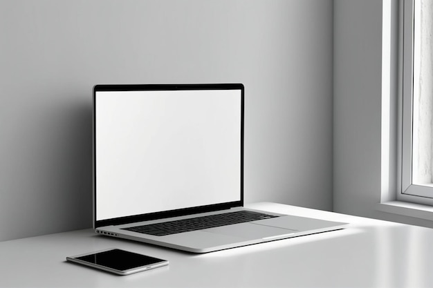 Una computadora portátil con una pantalla en blanco se sienta en una mesa blanca al lado de un teléfono.