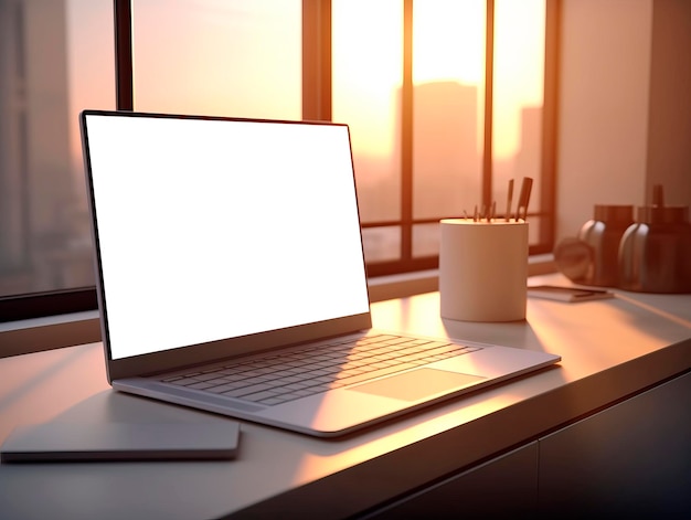 Computadora portátil con pantalla en blanco sobre la mesa en la oficina IA generativa