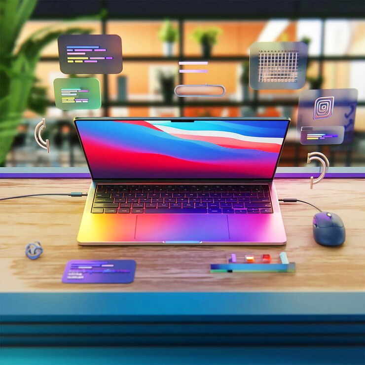Foto una computadora portátil con una pantalla de color arcoíris y una pantalla de colores con la palabra arco iris en la parte inferior